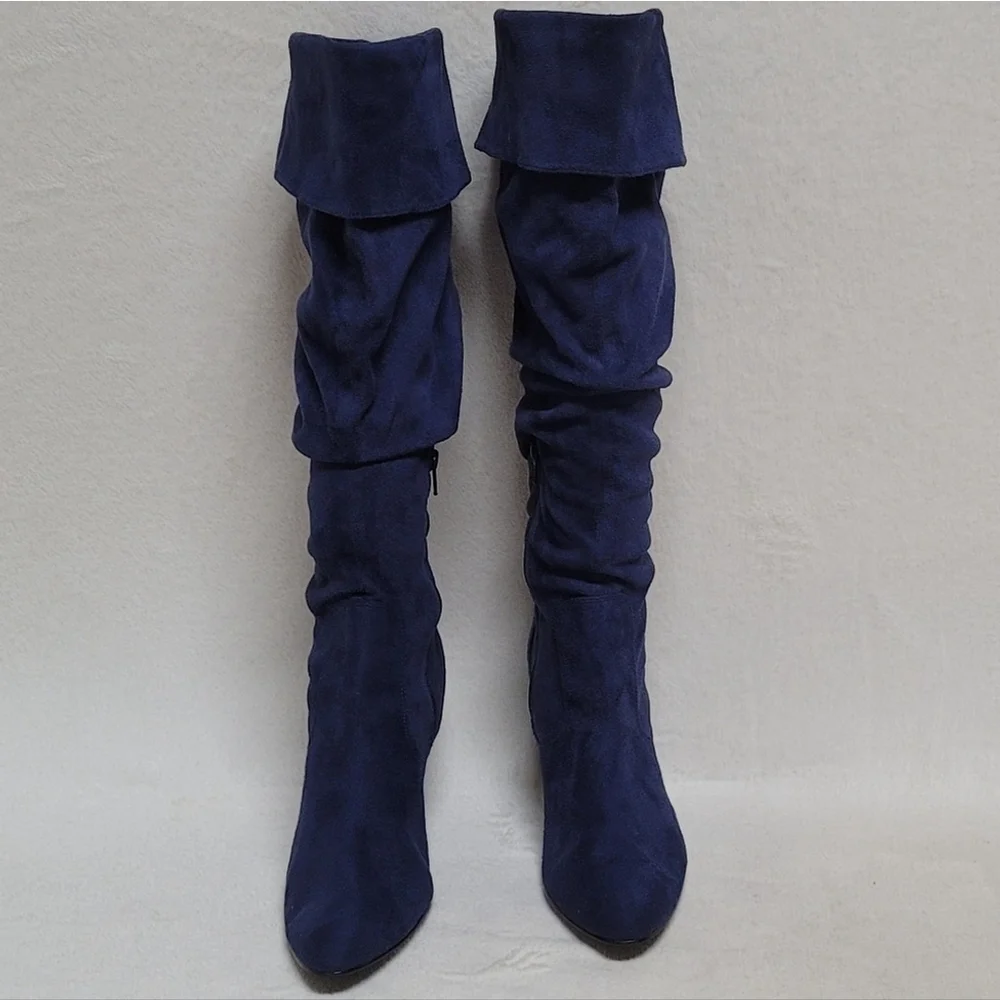 90s Vintage Skechers Blue Faux Suede Cuffed Tapered Heel Knee High Slouch Boots